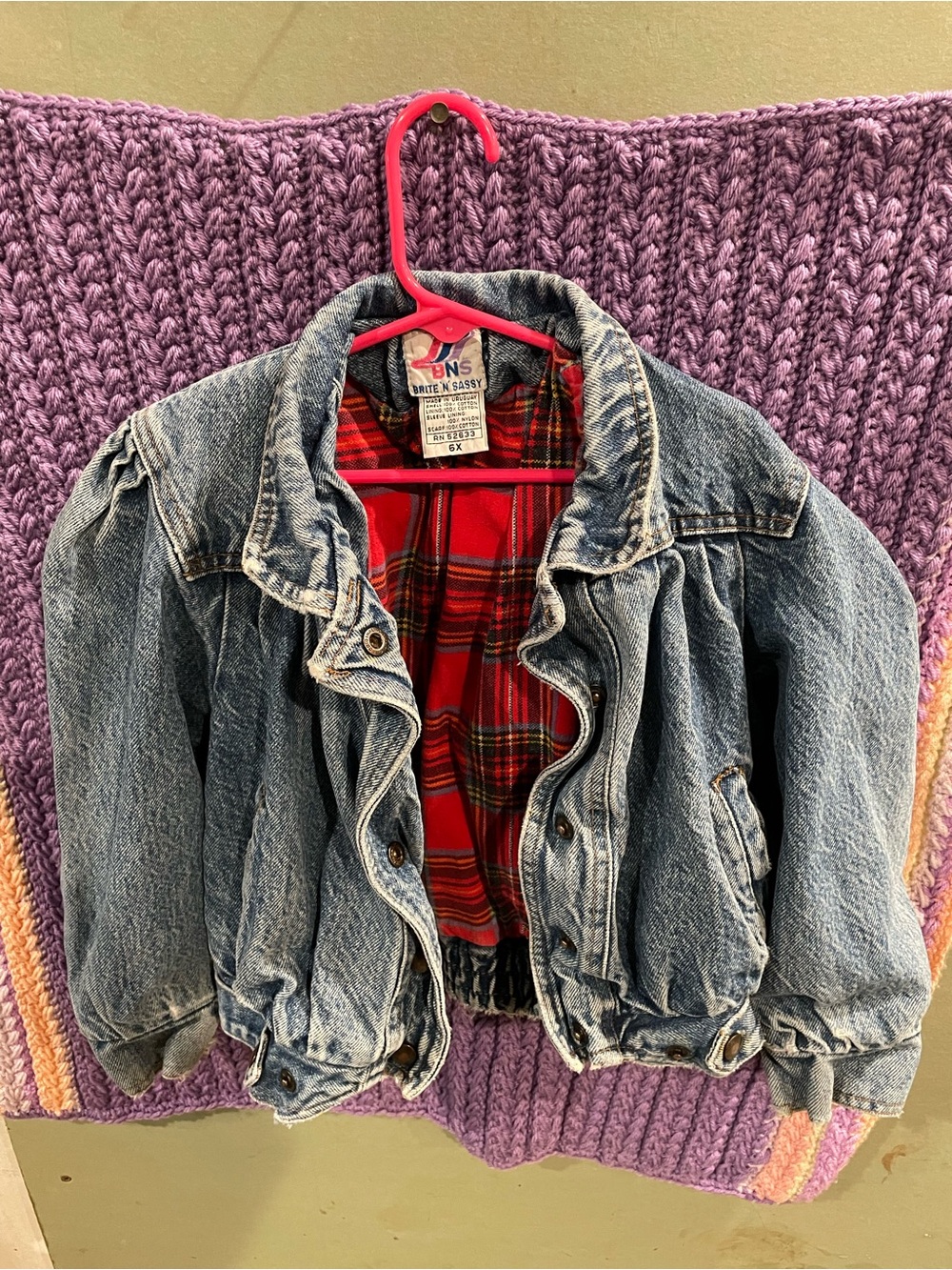 Girls' Denim Jacket with Red Plaid Lining - 6X